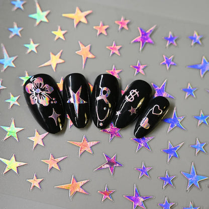 12pcs Blushimmer bronzing laser star nail stickers with 3D alphabet, heart, flower designs for DIY gradient manicure and nail art.