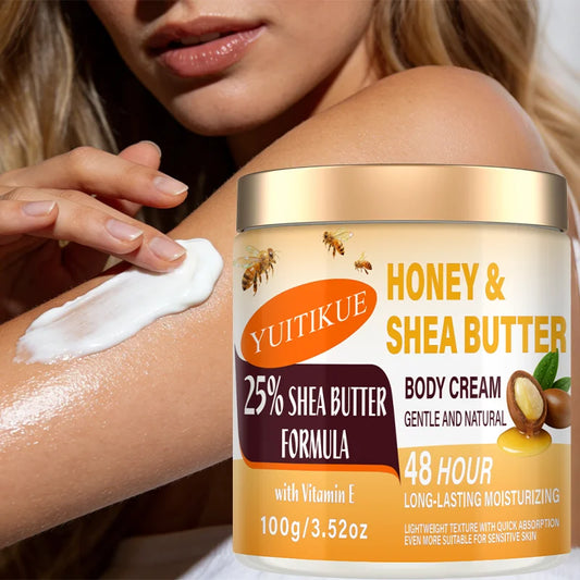 YUITIKUE Shea Butter Body Cream by Silcy Skin, 100g, with honey and vitamin E, moisturizing face, body, hands, and feet.
