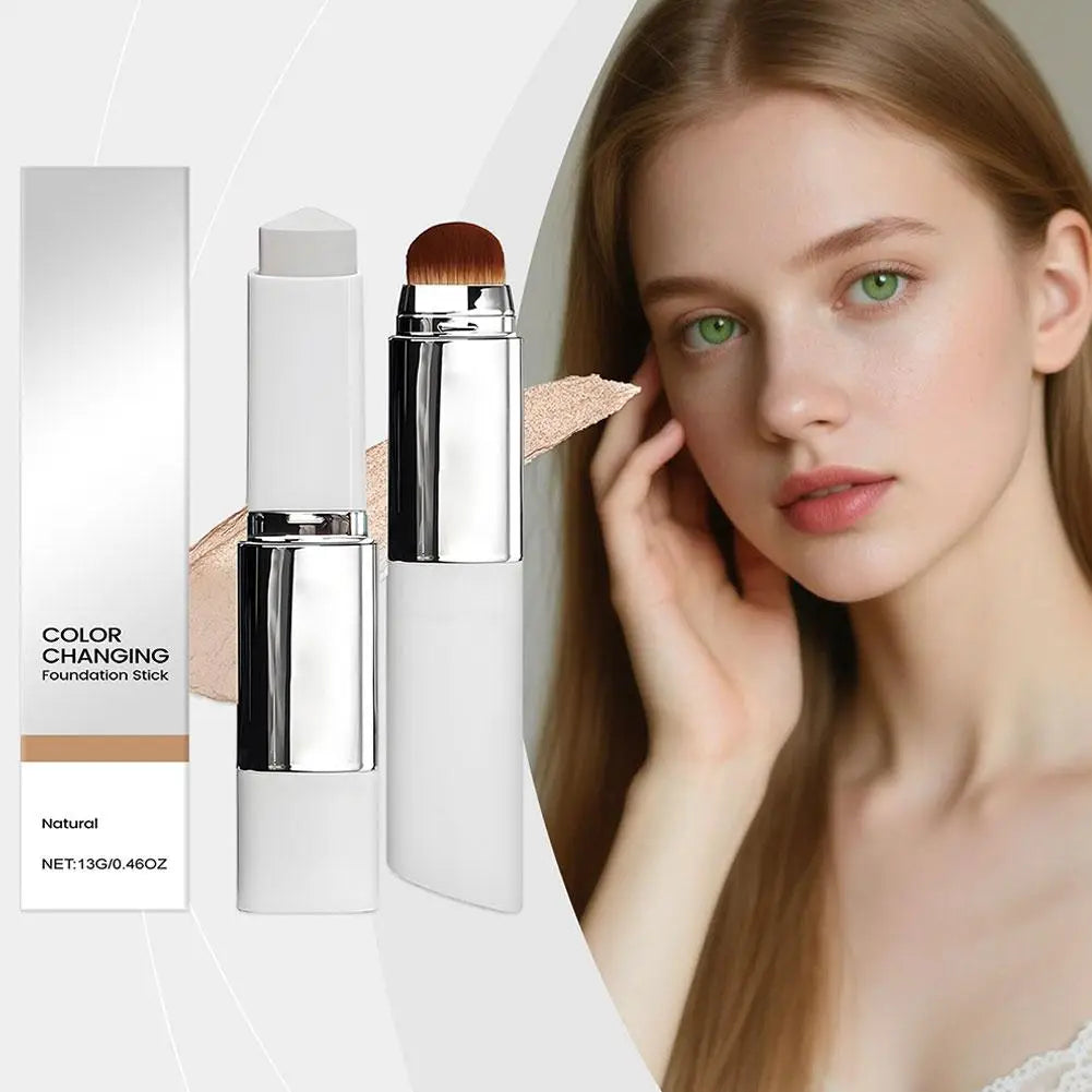 Blushimmer color-changing foundation and brightening concealer stick with double head brush, lightweight and moisturizing makeup tool