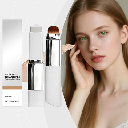 Blushimmer color-changing foundation and brightening concealer stick with double head brush, lightweight and moisturizing makeup tool