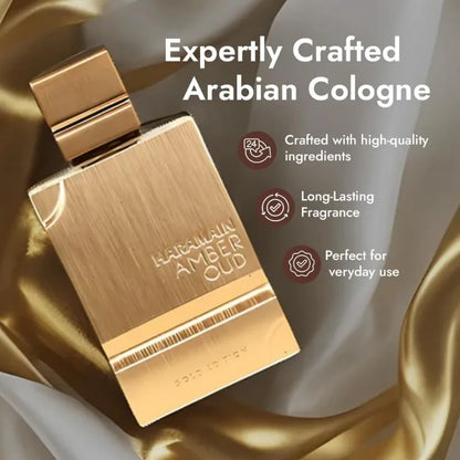 Blushimmer Amber Oud Gold Edition Arabian perfume bottle, 60ml, with elegant gold accents and floral design.
