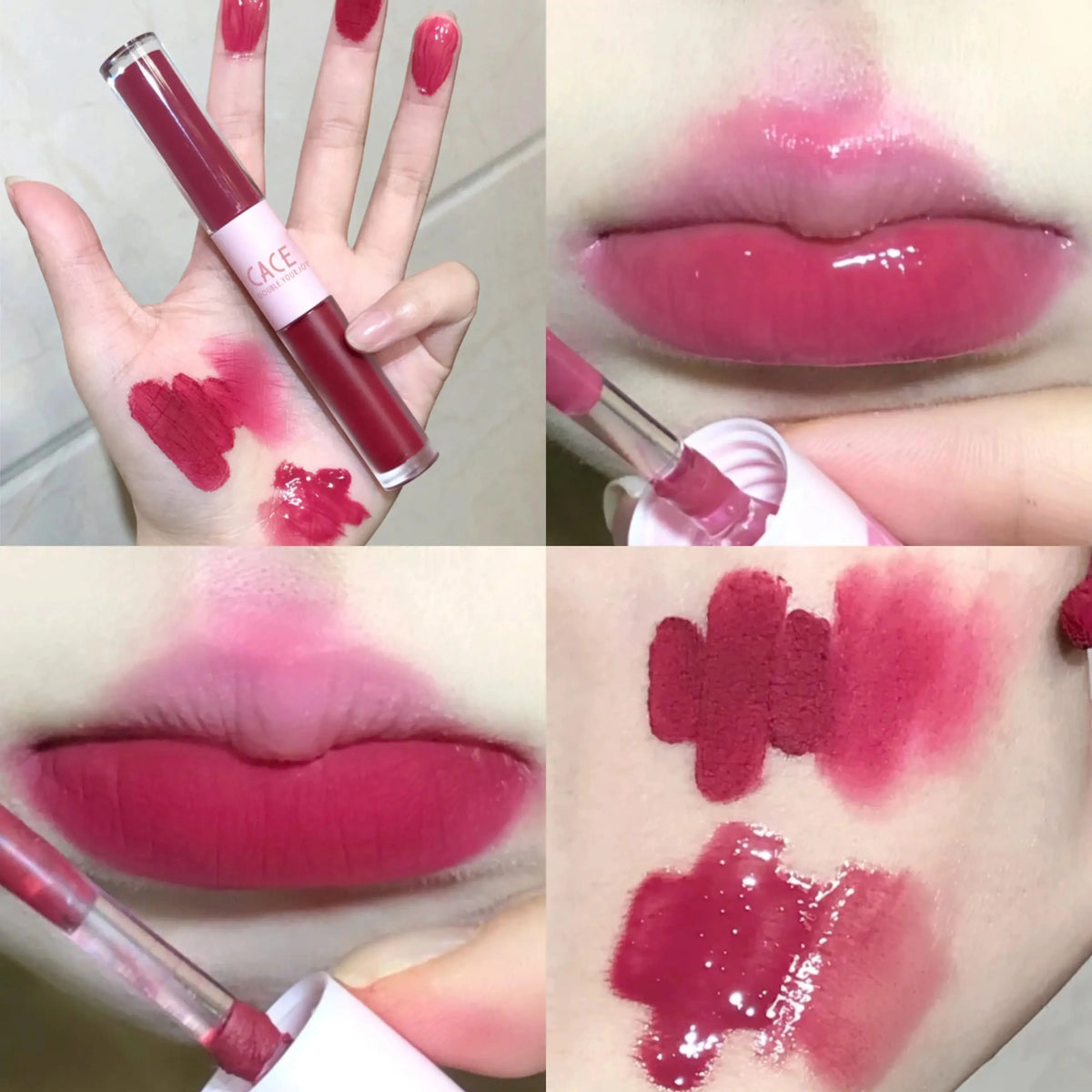 Blushimmer CACE Double Head Lip Gloss featuring sexy red water gloss and matte lipstick in a mirror compact, waterproof Korean makeup