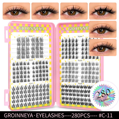 Blushimmer GROINNEYA eyelash clusters, 320 pcs natural eyelash extension tray with mixed volume cluster lashes.