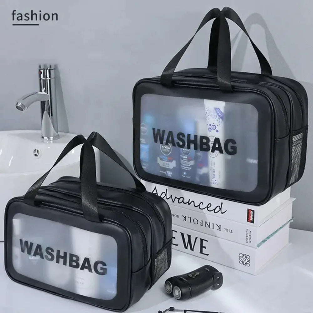 Transparent double-layer PU makeup bag by Blushimmer, portable travel wash bag for cosmetics and swimming essentials