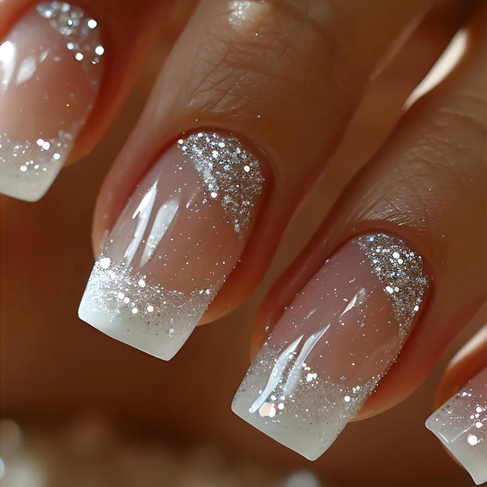 Set of 24 pink and white gradient square head false nail tips with French press design, short full cover nails by Blushimmer