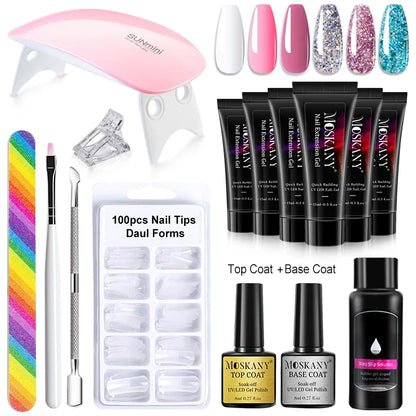 Blushimmer poly nail gel full set with 6W LED lamp, featuring nail tips, 3D decorations, and manicure tools for beginners.