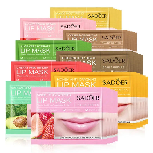 Set of 10 SADOER Fruits Moisturizing Lip Masks by Blushimmer, nourishing collagen gel lip patches for hydrating and skin care.