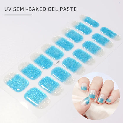 Blushimmer 16Tips glitter semi-cured UV gel stickers with 3D French gradient shine and full cover sparkle design.