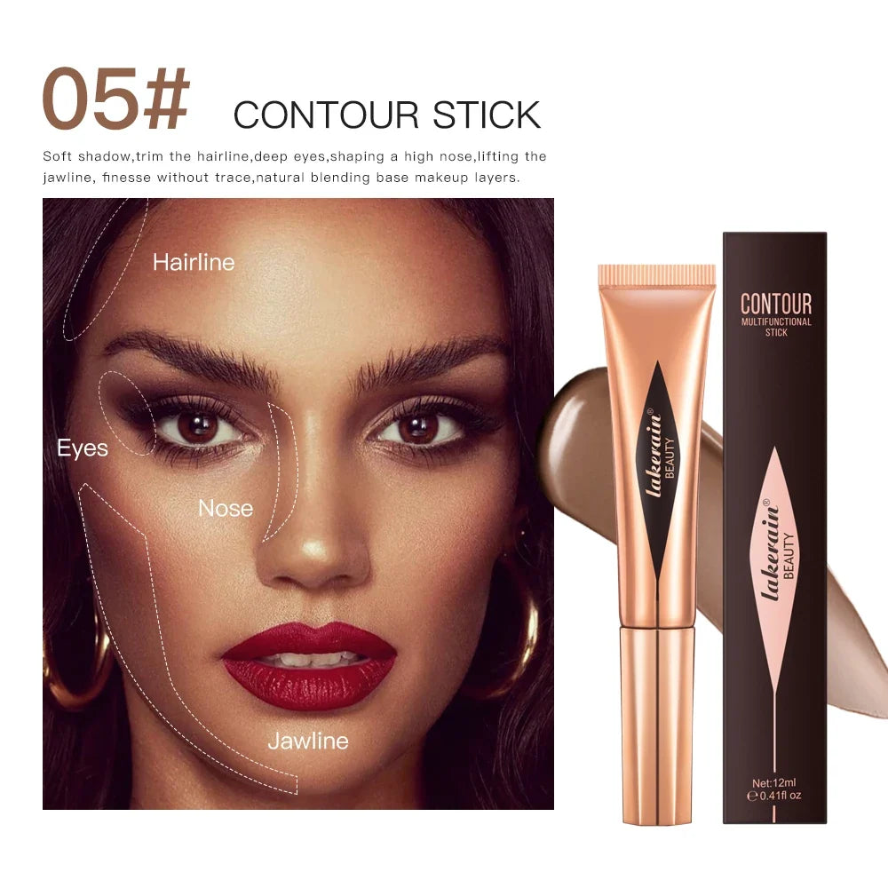Blushimmer liquid contouring highlighter stick with matte finish, brightening primer, nose shadow, and small V face blush for contouring.