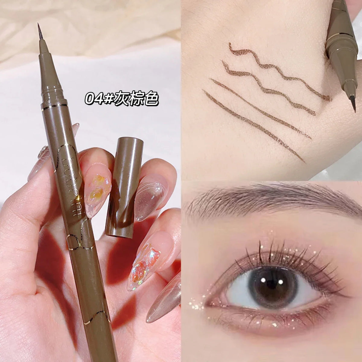 Blushimmer waterproof liquid eyeliner pen in a warm brown shade, designed for a smudge-proof, long-lasting eye makeup look.