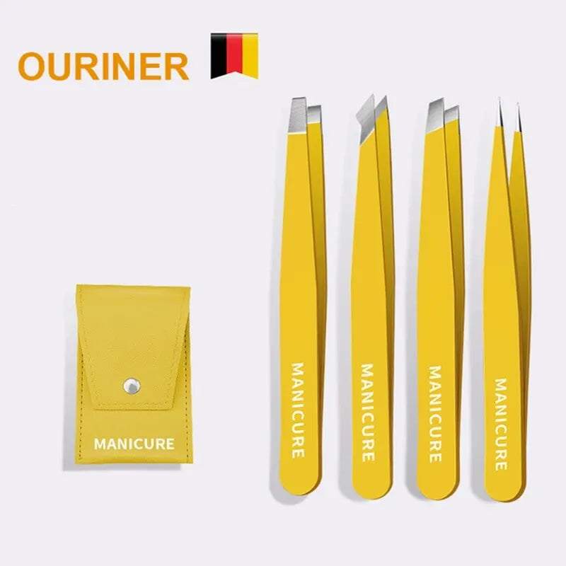 Colorful stainless steel eyebrow tweezer with slanted tips for precise hair removal, ideal for shaping eyebrows and beauty grooming.