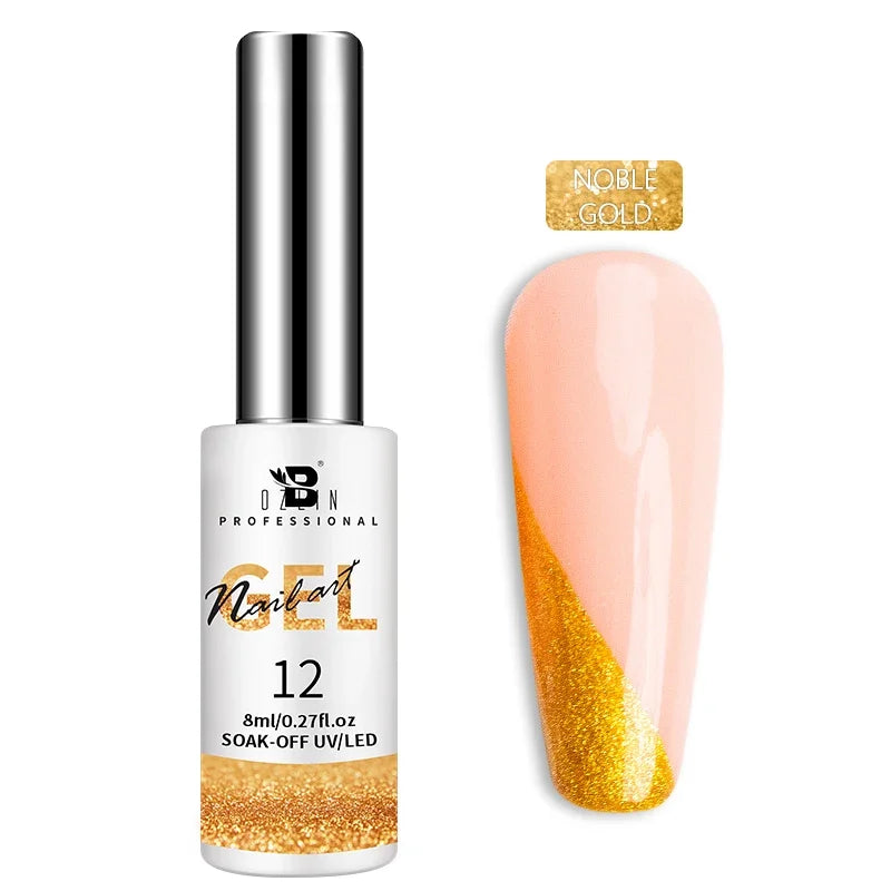 Blushimmer 5ML metallic gel polish in gold and silver with chrome mirror finish, ideal for UV LED semi-permanent nail art.