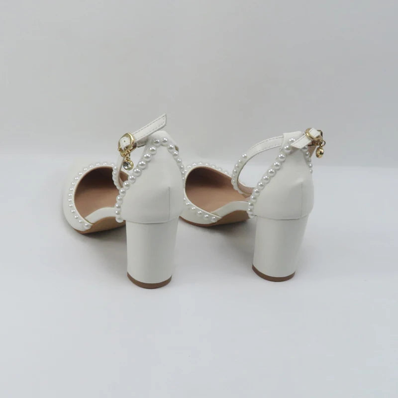 BaoYaFang Bridal wedding shoes Women Thin Heel Pointed Toe Pearl Female Ladies Party Shoe Ankle Strap Buckle Autumn Ladies Shoe