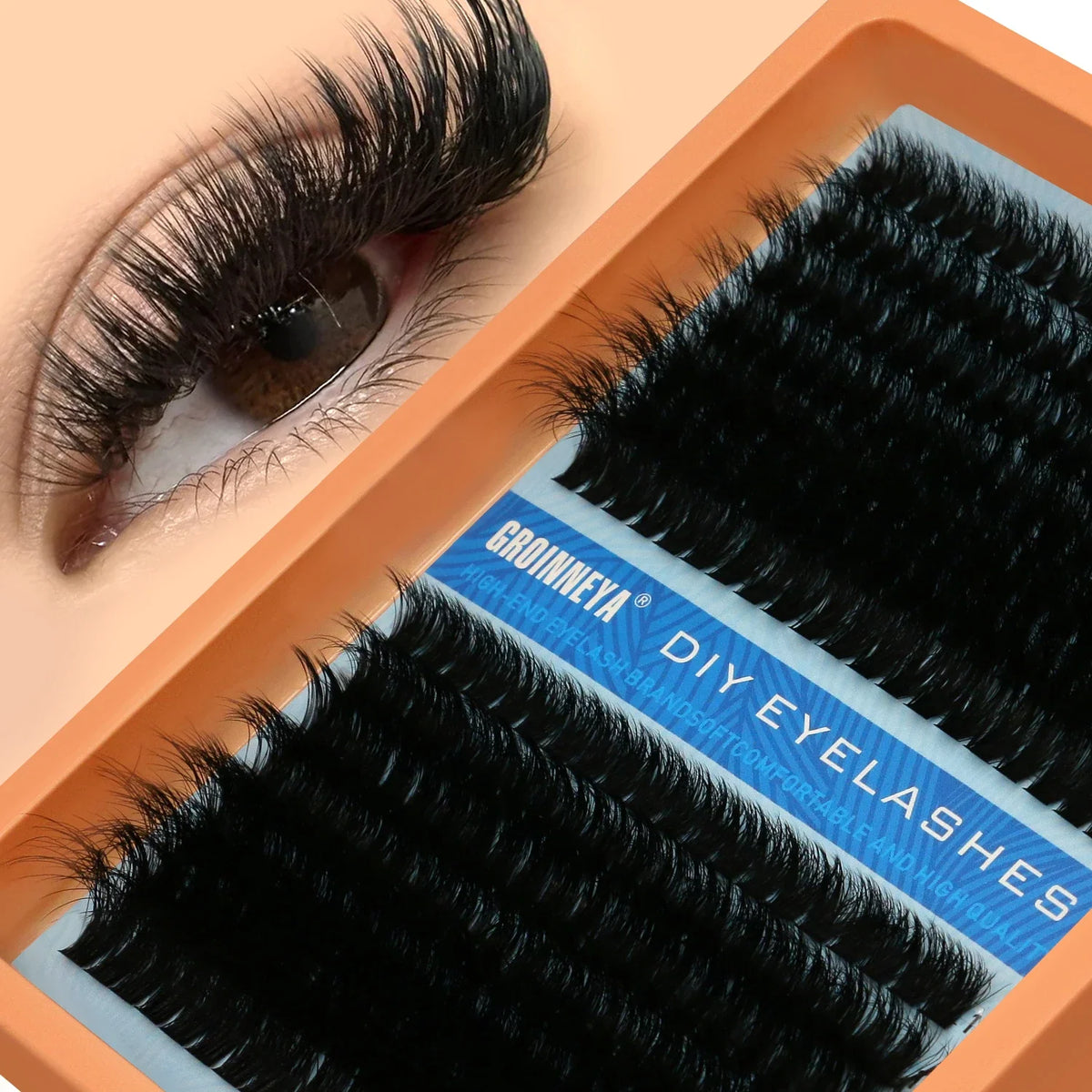 Blushimmer GROINNEYA fluffy thick DIY eyelash clusters with D/DD curl, wispy style, for natural-looking lash extensions.