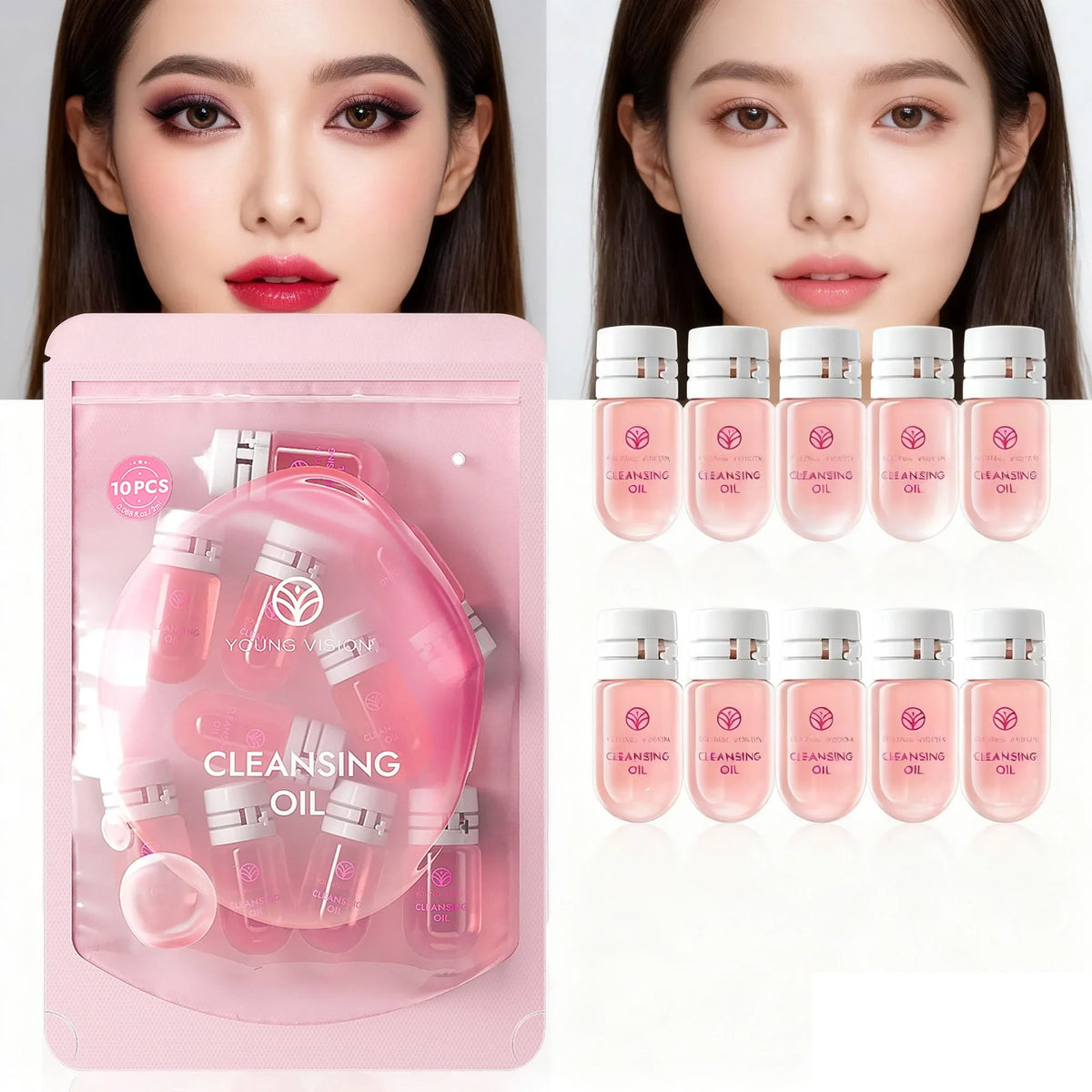 Blushimmer Young Vision cleansing oil set with rose flower scent, gentle makeup remover and pore cleansing oil in 5 or 10 pcs.