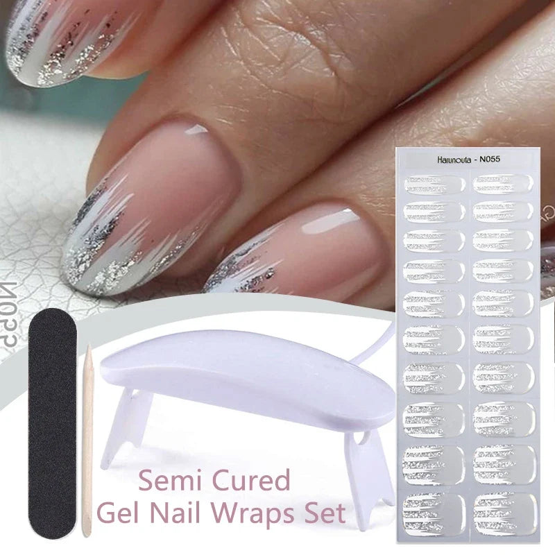 Blushimmer Harunouta 4-piece set of nude pink gradient gel nail strips with nail lamp, waterproof, semi-cured, long-lasting nail wraps.