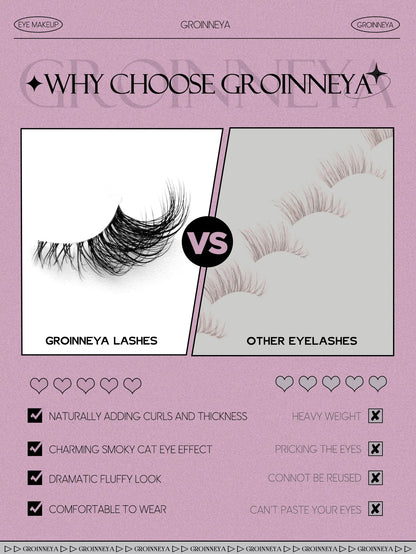 Blushimmer GROINNEYA half lashes with soft, wispy faux mink design and clear band for a natural eyelash extension look.