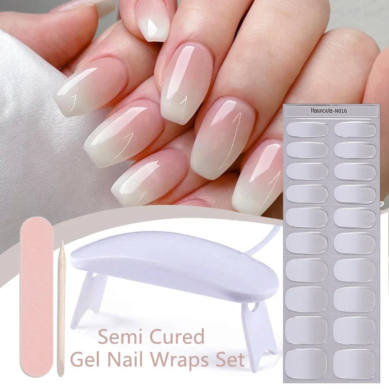 Blushimmer Harunouta 4-piece set of gradient jelly semi-cured gel nail strips in nude pink with waterproof, long-lasting nail wraps and lamp.