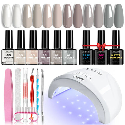Blushimmer LimeGIRL gel nail polish set with UV LED nail light and tools for professional semi-permanent gel manicures.