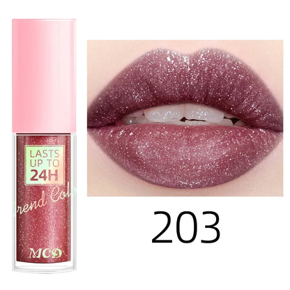 Blushimmer 18-color glitter lip gloss with long-lasting, waterproof liquid lipstick, moisturizing lip oil, and lip tint in a sleek tube