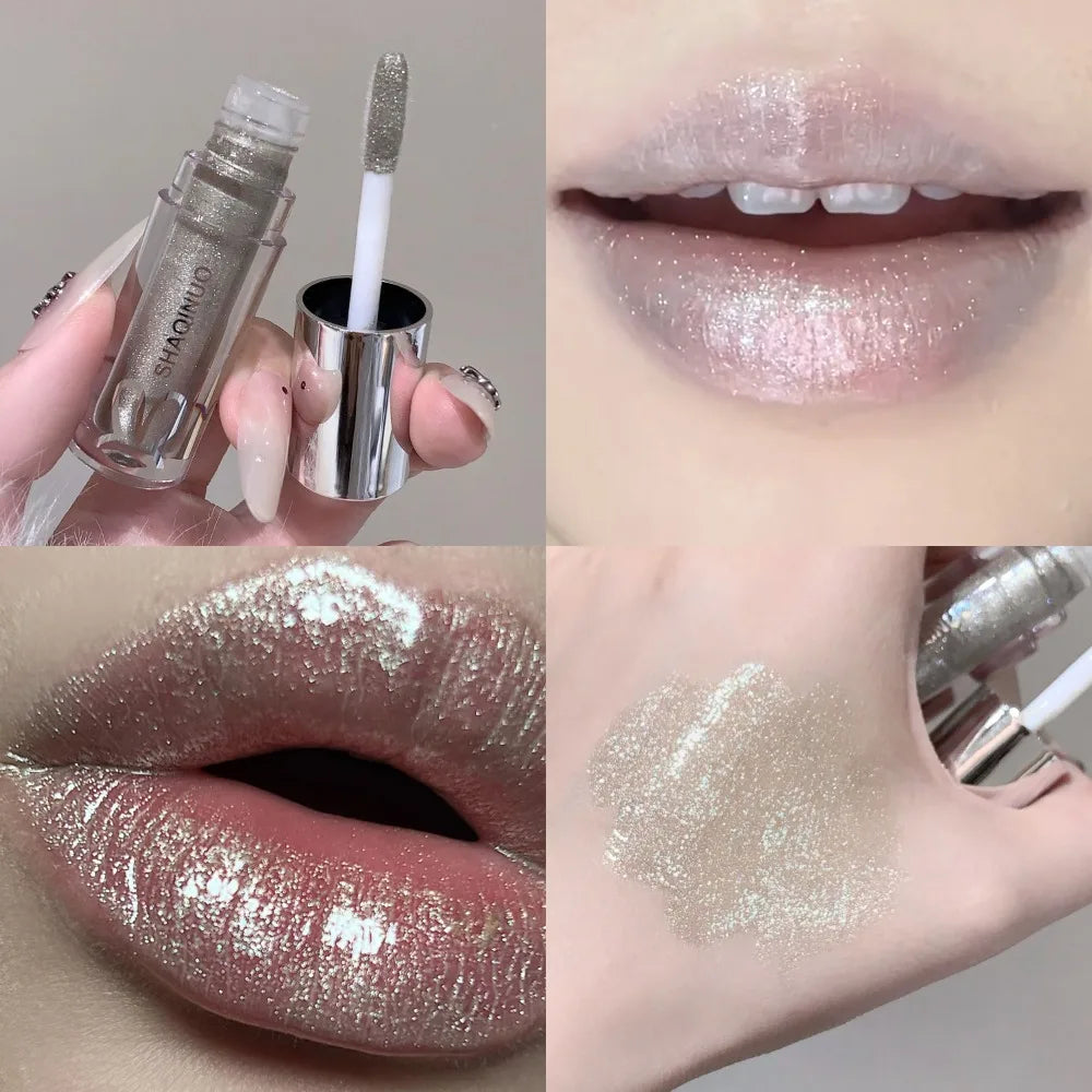 Black Rabbit Gothic silver metallic lip gloss by Blushimmer, showcasing a translucent, non-sticky water gloss on lips.