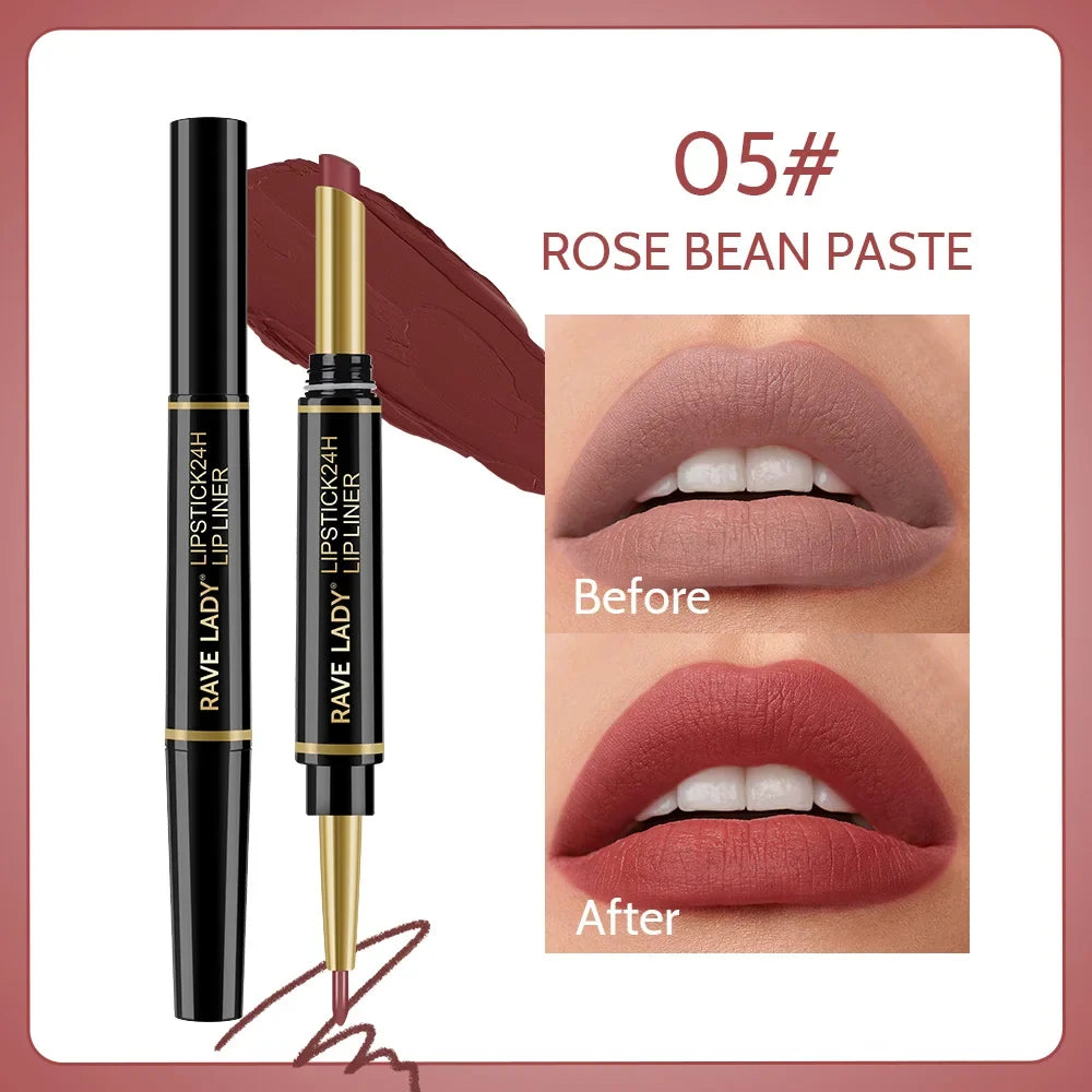 Blushimmer Rave Lady 2-in-1 matte lipstick and lipliner pencil in sexy red, waterproof and long-lasting for festive makeup look.