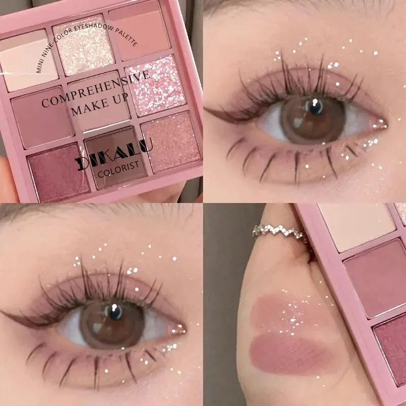 Blushimmer DIKALU spring and summer eyeshadow palette with rosy shades in a nine-pan grid, featuring smoky, low-saturation powder eyeshadows.