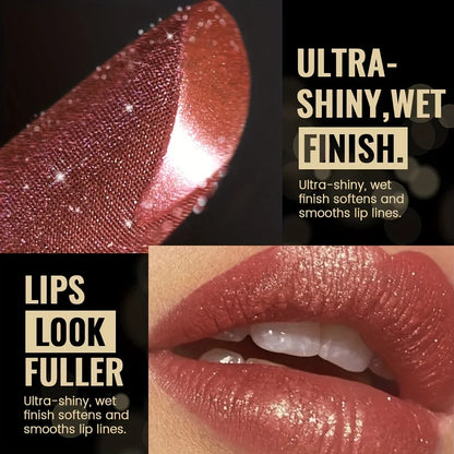 Blushimmer metallic shimmer lipstick with pearly glitter shine and creamy texture, featuring high color payoff and smooth application.