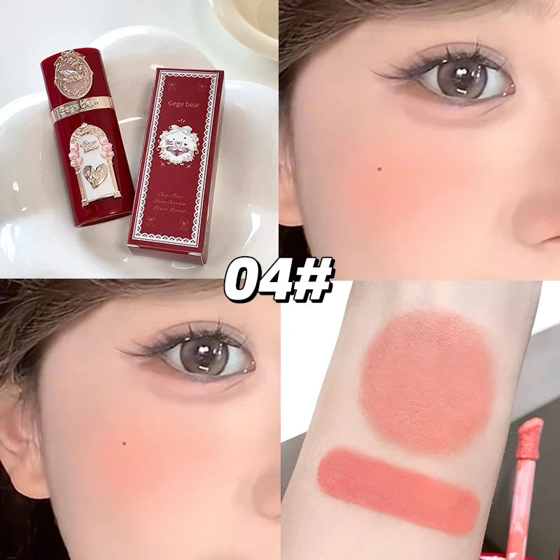 Blushimmer Gege Bear Strawberry Cupid pink velvet matte lip cream and pressed powder liquid blush set with long-lasting, lightweight formula.