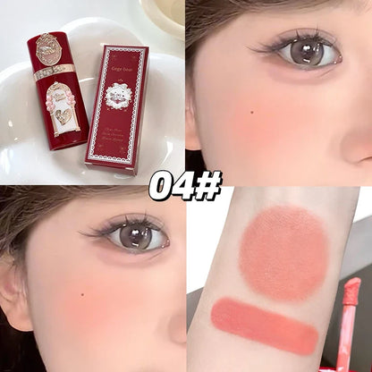 Blushimmer Gege Bear Strawberry Cupid pink velvet matte lip cream and pressed powder liquid blush set with long-lasting, lightweight formula.