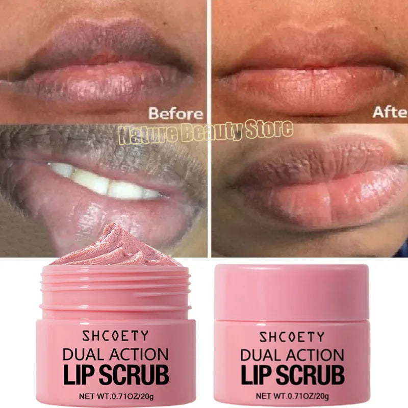 Blushimmer dark lip scrub with pink exfoliating beads and moisturizer for lightening and removing dead skin from lips.