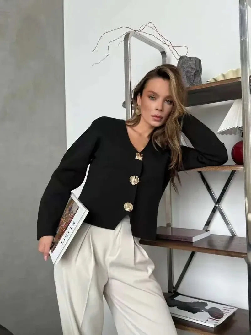 Fashion Simple Commuting Button V-neck Short Knitted Cardigan 2025 New Autumn and Winter Women's Solid Long-sleeved Sweater