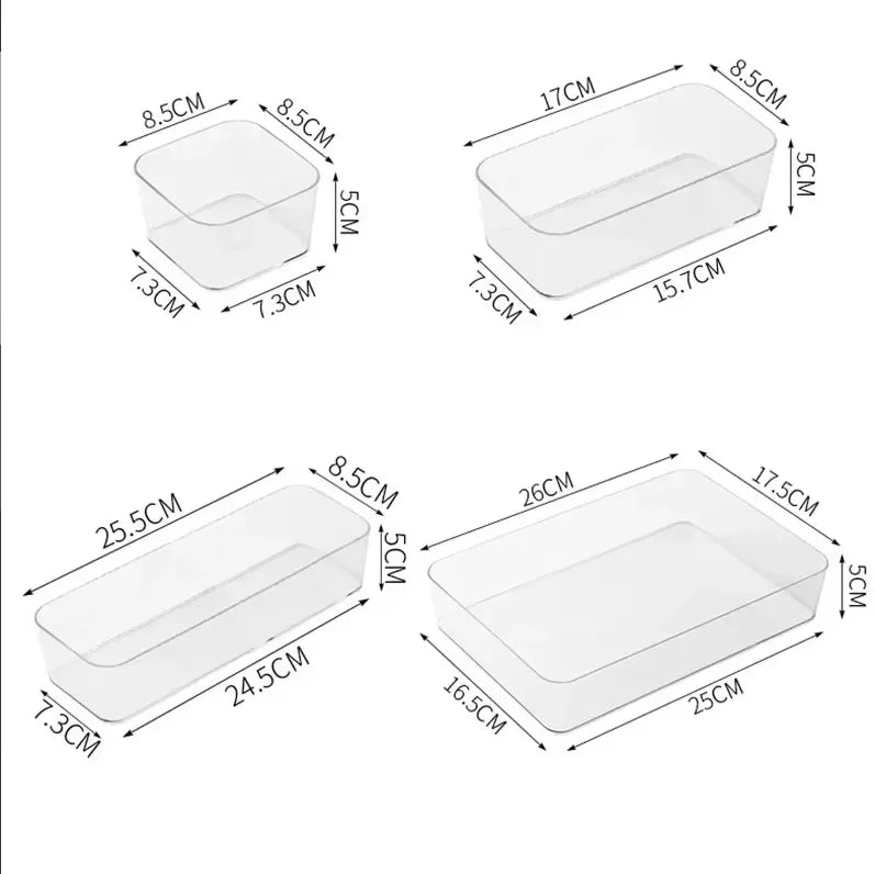 Blushimmer transparent plastic desk storage box with multiple drawers for jewelry, makeup, and small item organization.