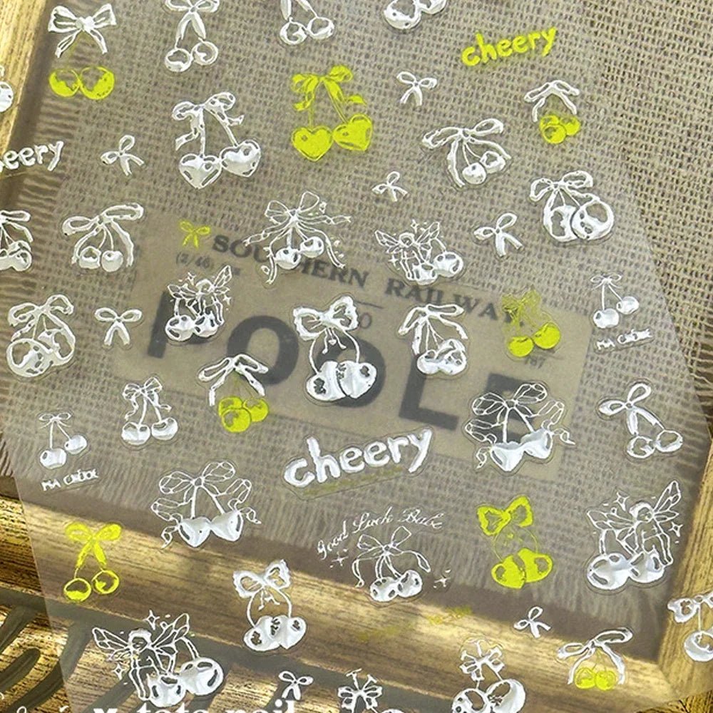 Cute juicy red cherry bowknot 5D nail art stickers with shiny crystals and rhinestones for DIY manicure decoration.