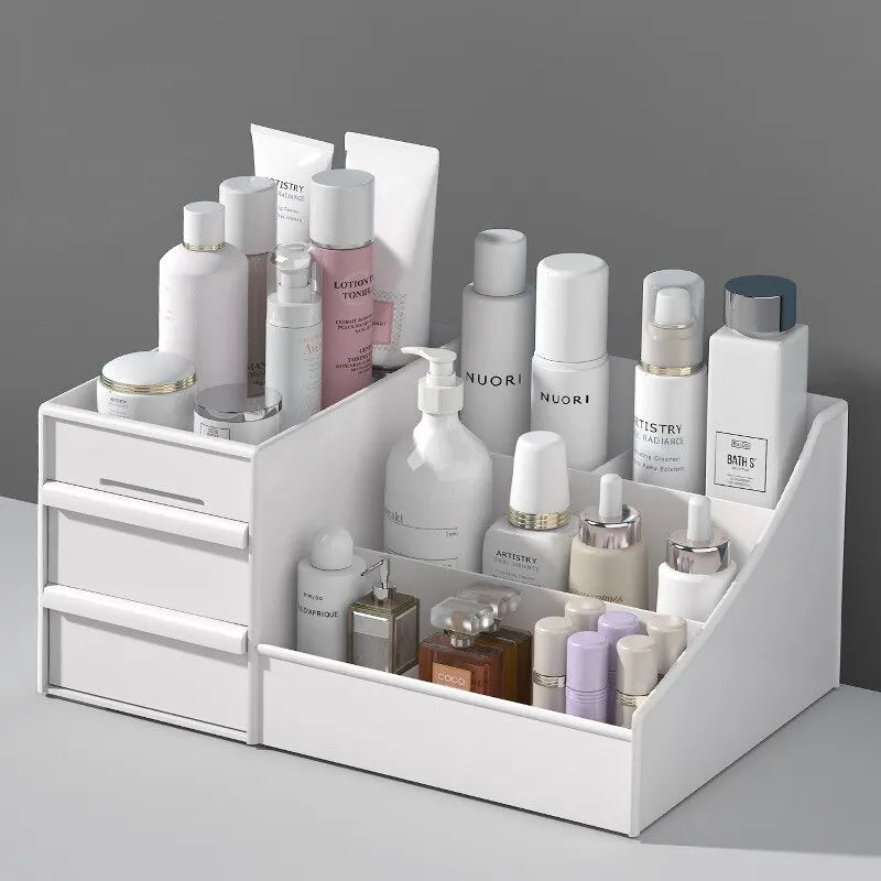 White Blushimmer makeup storage drawer box with plastic construction for cosmetics, skincare, and dressing table organization.