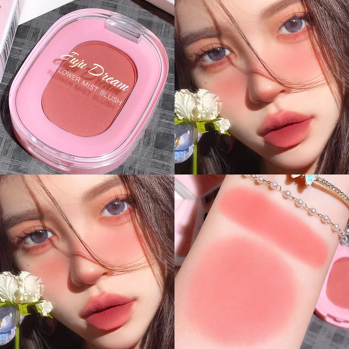 Blushimmer monochrome flower mist blush powder in soft pink, featuring matte finish and natural nude tones for a brightening effect.