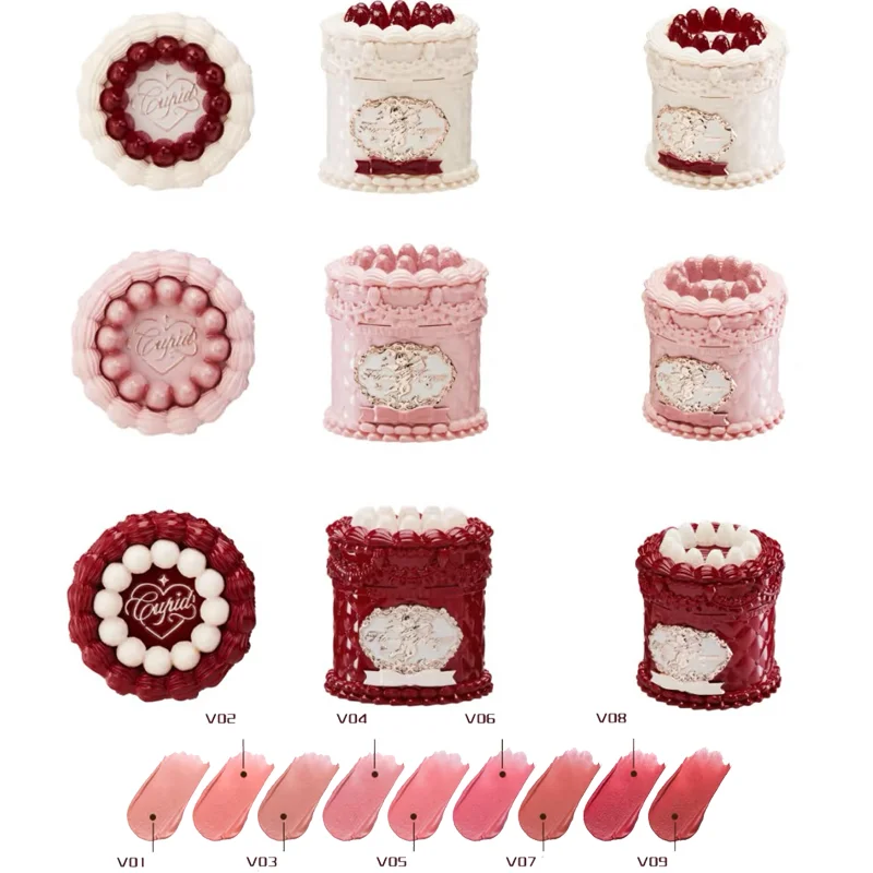 Blushimmer Flowerknows Strawberry Cupid lipstick cake with matte velvet lip gloss and lip mud makeup in a decorative pink container.