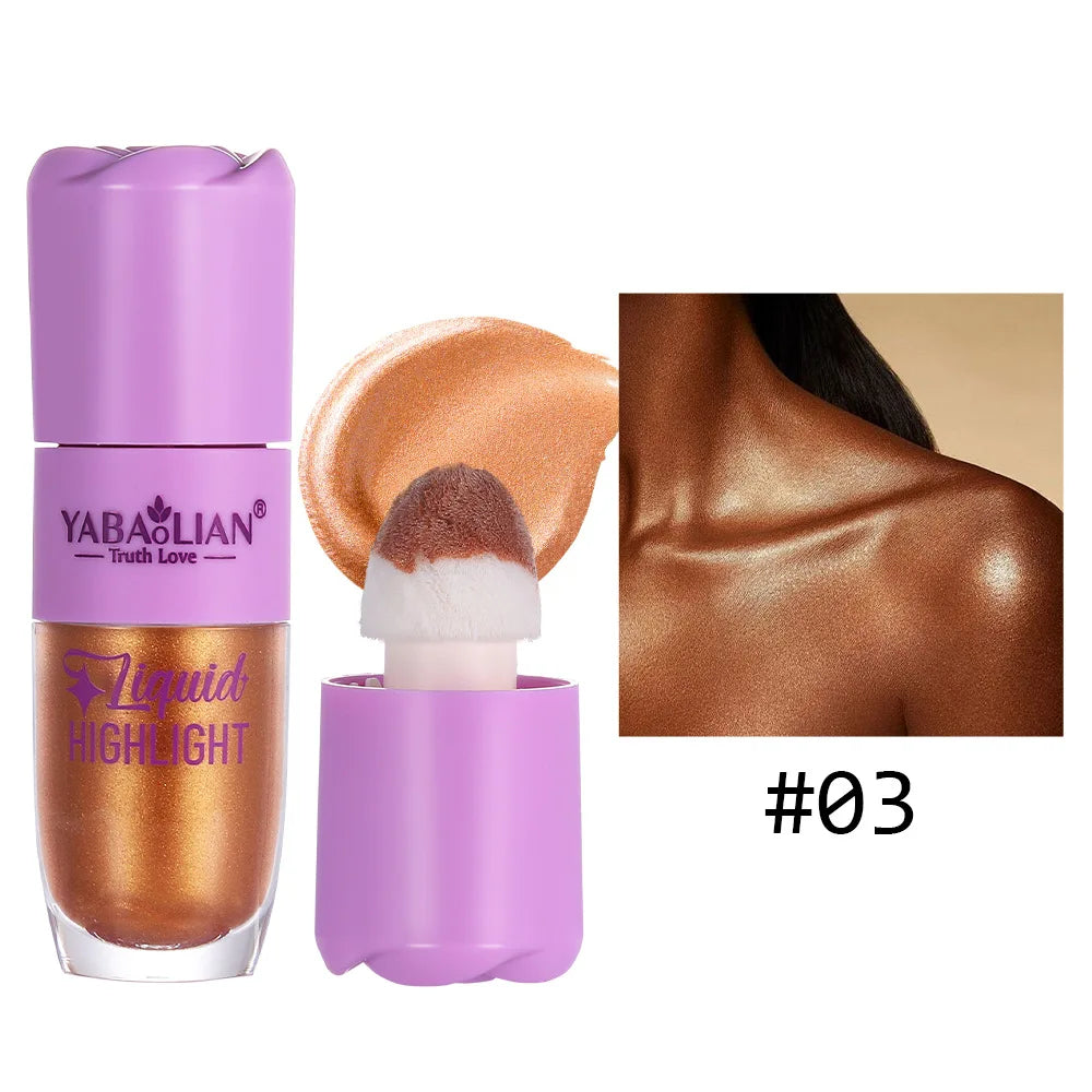 Blushimmer liquid face highlighter and bronzer in three shades, illuminating and contouring makeup for a radiant glow.