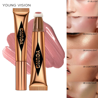 Blushimmer Young Vision air cushion powder blusher in a high gloss stick, available in six colors for natural makeup looks.