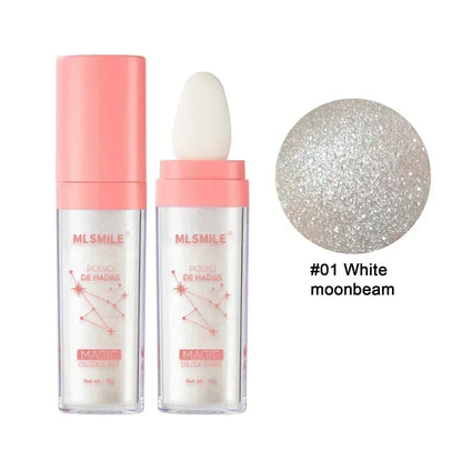 Blushimmer shimmer fairy powder highlighter in white, loose face and body glitter with bronzer and illuminator for radiant makeup.
