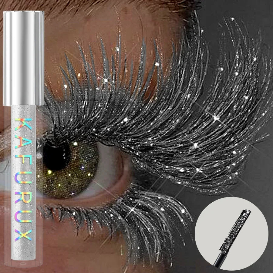 Blushimmer Diamond Shine Waterproof Glitter Mascara with snow effect, creating volumized, curled lashes with sparkling glitter.