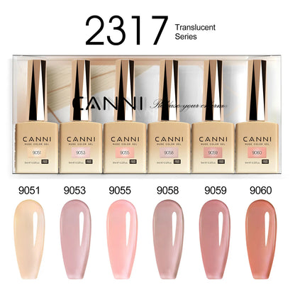 Blushimmer CANNI Nail Gel Polish Kit with six 9ml bottles in nude, pink, and jade jelly colors for French and natural nail designs