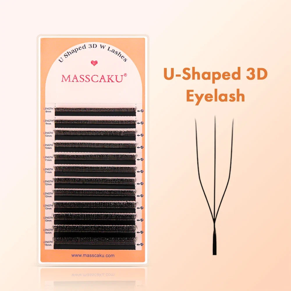 Blushimmer MASSCAKU U-shaped 3D 4D 5D eyelash extensions with C and D curl, natural mink false lashes on a white background.