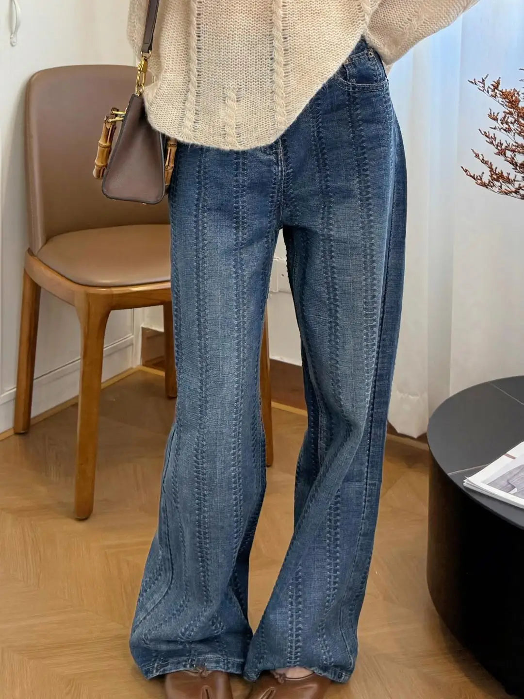Blue Casual Heavy Craftsmanship High Waist Wide Leg Jeans For Women 2025 New Version, Good-Looking Straight Leg Pants