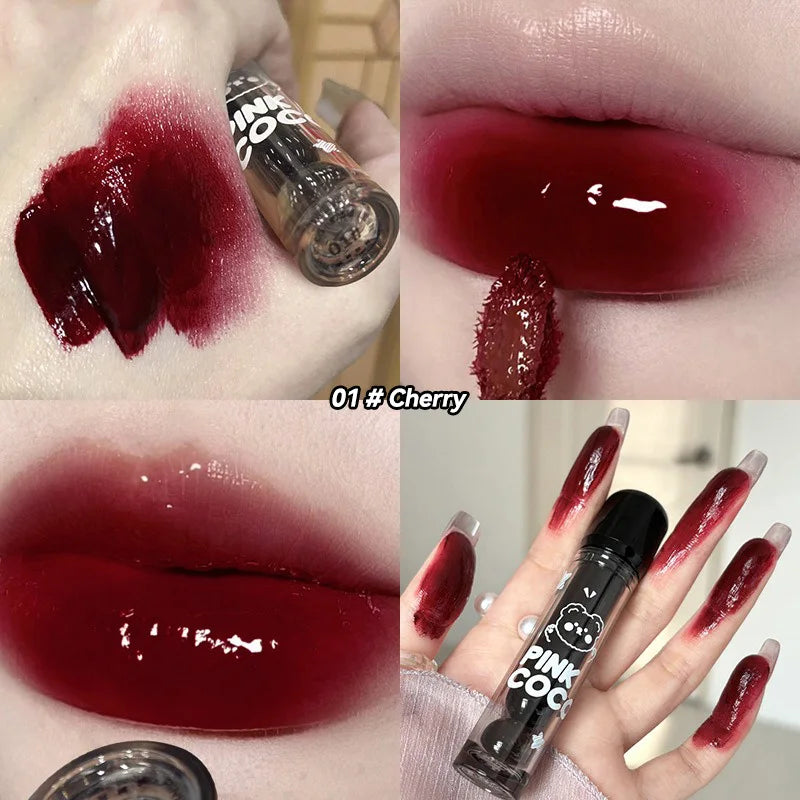 PinkCoco Bear Doodle Mirror Lip Glaze by Blushimmer, shiny nude lip gloss with mirror, long-lasting and skin-brightening lipstick for students.