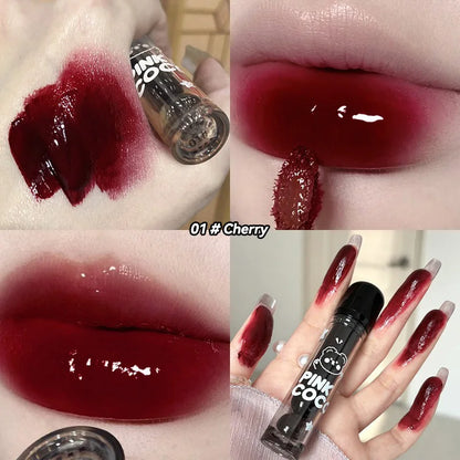 PinkCoco Bear Doodle Mirror Lip Glaze by Blushimmer, shiny nude lip gloss with mirror, long-lasting and skin-brightening lipstick for students.