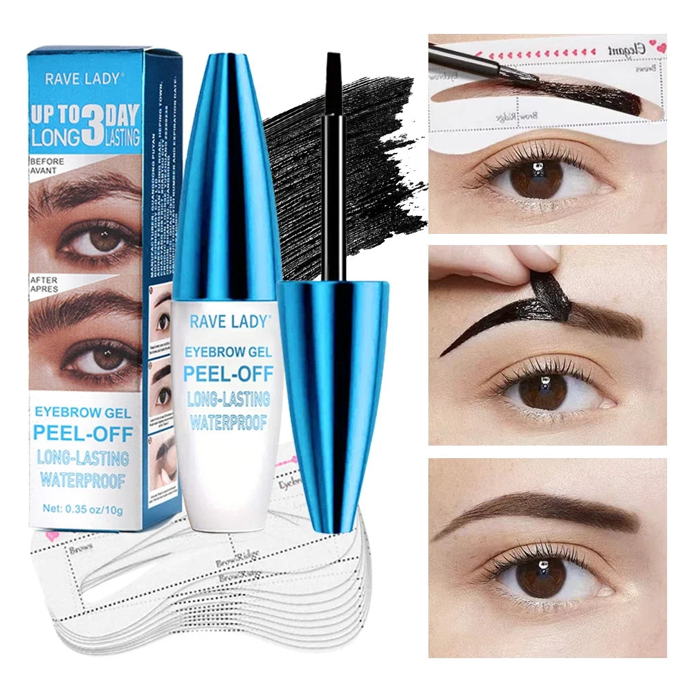 Blushimmer Rave Lady Peel-Off Eyebrow Gel in 10g, waterproof tinting liquid, showing the gel and applicator on a white background.