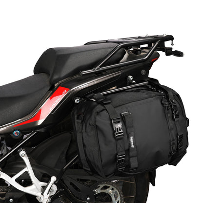 Rhinowalk motorcycle saddle bag in black, waterproof, with 10/20/30L capacity, mounted on bike side for cycling storage.