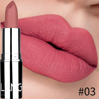 Blushimmer Langmani silver tube matte lipstick in 8 shades, showing a sleek silver packaging and a swatch of vibrant lipstick colors