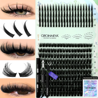 GROINNEYA Lash Clusters Kit Spikes Lash Individuals Eyelash Clusters D-Curly Lash Clusters Kit with Bond and Seal Makeup